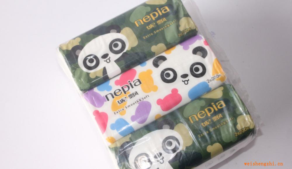 專業(yè)供應(yīng)妮飄抽取式紙巾妮飄迷彩熊貓200抽軟抽3連包